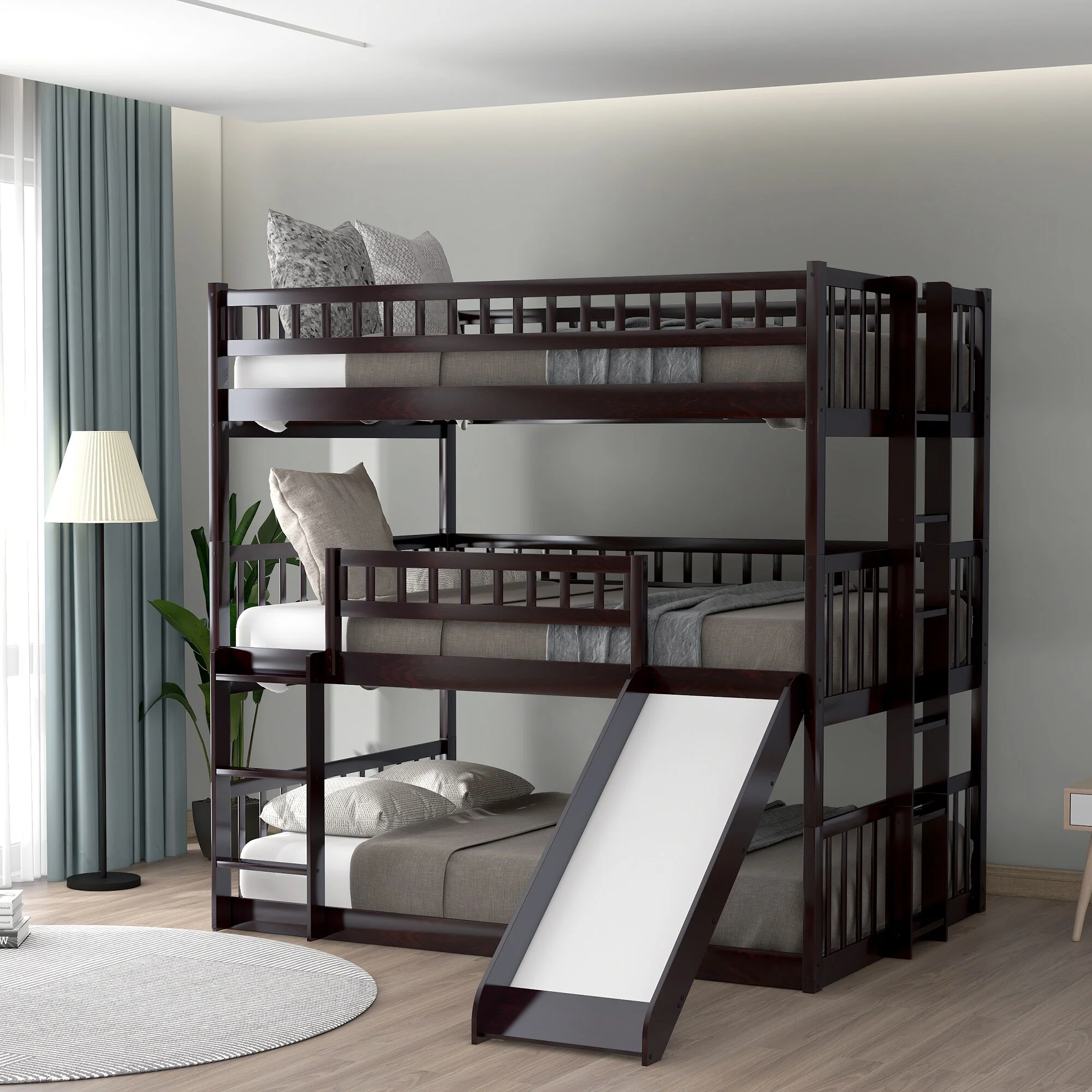 Full Over Full Over Full Triple Bed Convertible into 2 Full Size Platform Beds and 1 Floor Bed, Bed Frame with Slide and Ladder