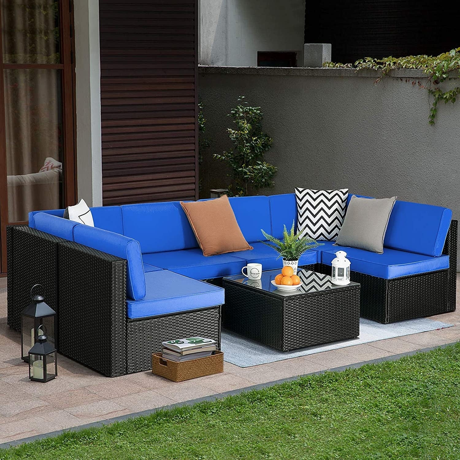 Bossin 7 Pieces Outdoor Furniture Rattan Sectional Patio Sofa Outdoor Wicker Sectional Sofa Set with Cushions
