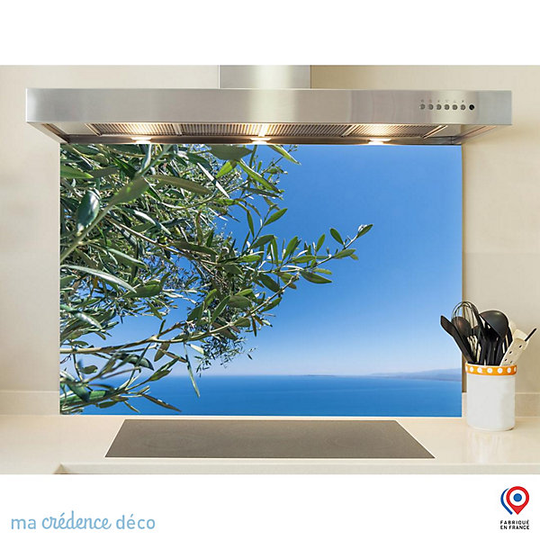 Crédence cuisine fond de hotte Mer avec olivier - Verre trempé - L 60 cm x H 45 cm - MaCrédenceDéco