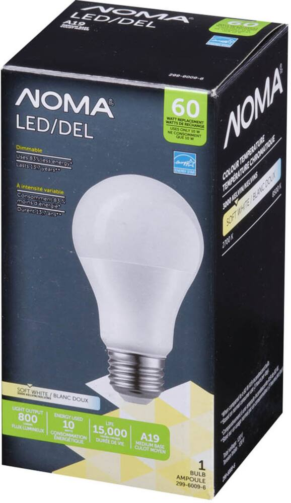 NOMA A19 E26 Base Dimmable LED Light Bulb, 3000K, 800 Lumens, Soft White, 60W