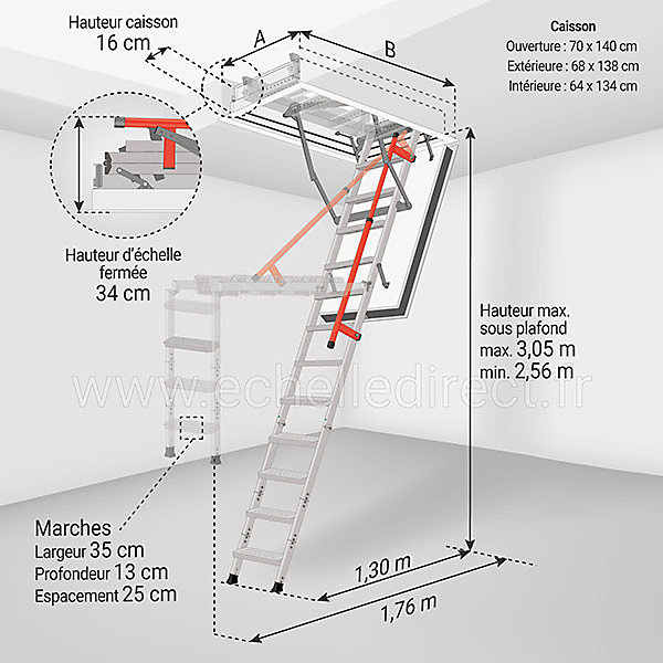 Escalier coupe feu 120min - Hauteur sous plafond 3.05m - Trémie 70x140cm - LMF70140-305