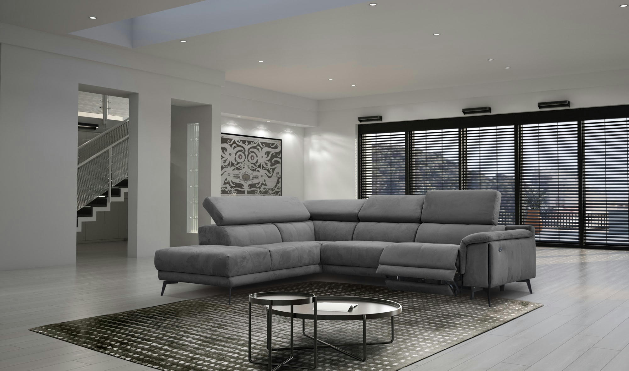 MATERA - Canapé d'angle droit 5 places avec une relax électrique, Tissu Gris