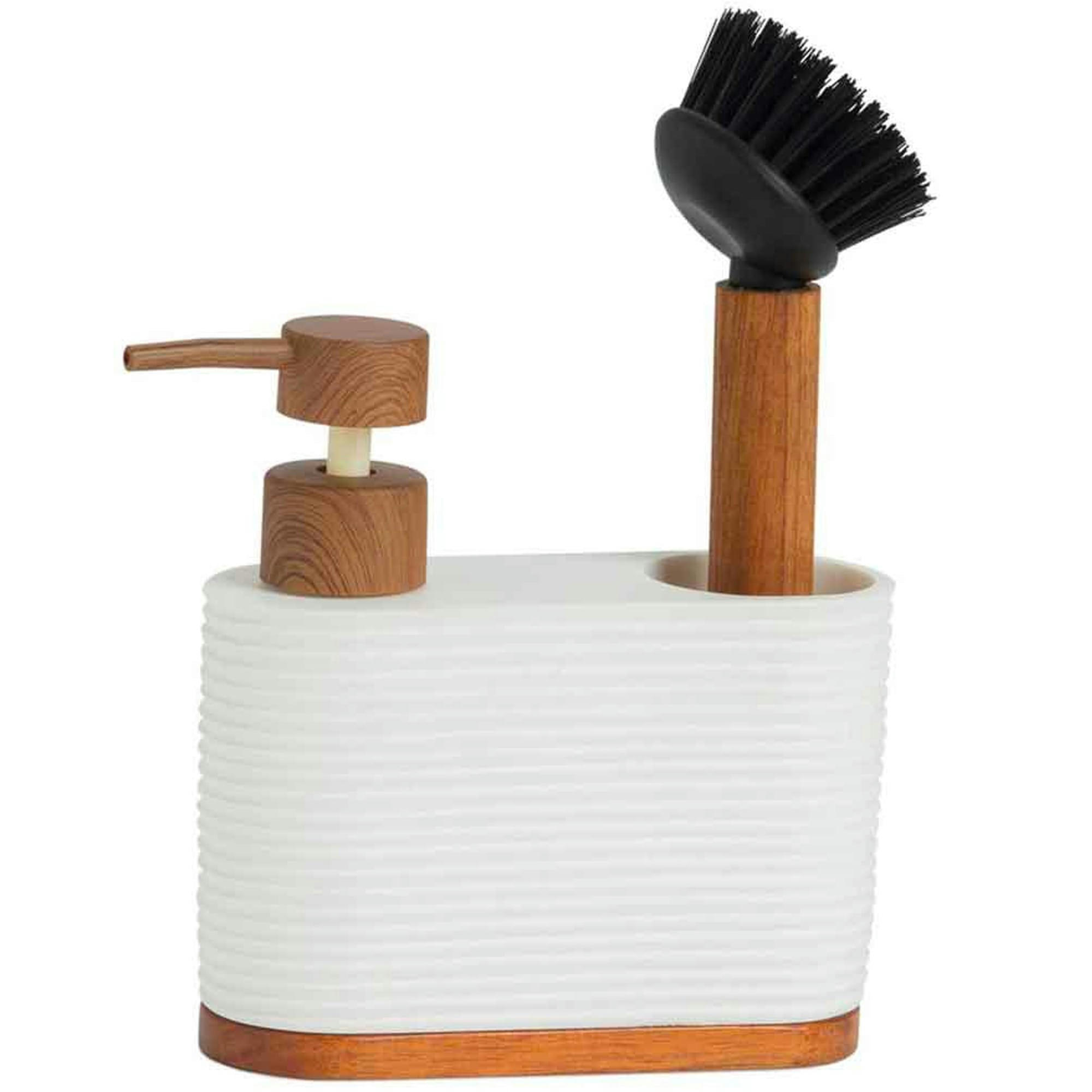 - Distributeur liquide vaisselle + brosse polypropylène blanc et acacia
