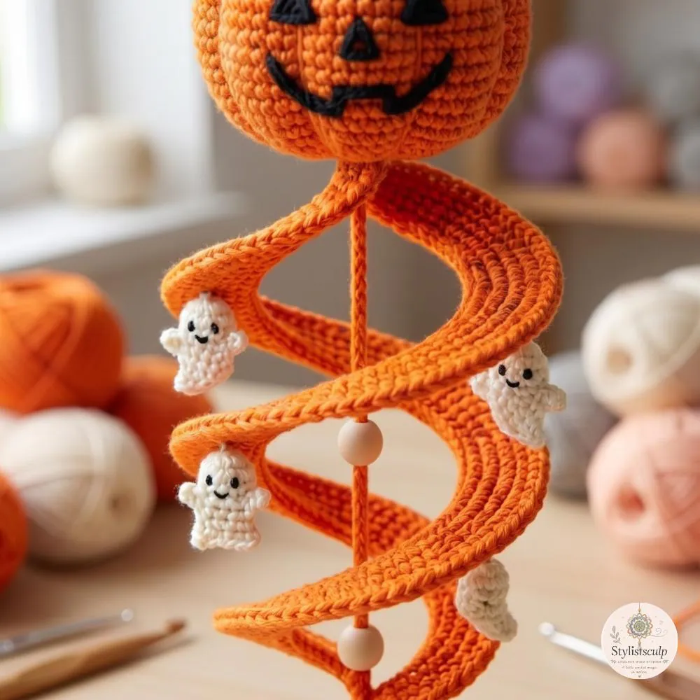 Crochet Pumpkin & Ghost Spiral Hanging Ornament - Spooky Cute Halloween Amigurumi Decor - Bouncy Jack-O'-Lantern with Mini Ghosts - N0128