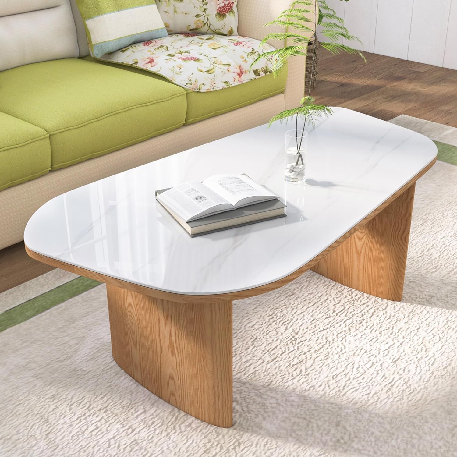 Luxury Marble Coffee Table, Premium Sintered Stone Top, Natural Wood Look Base, Modern Design Stone Cocktail Table, Marble Top Coffee Table for Living Room, Sculptural Contemporary Center Table