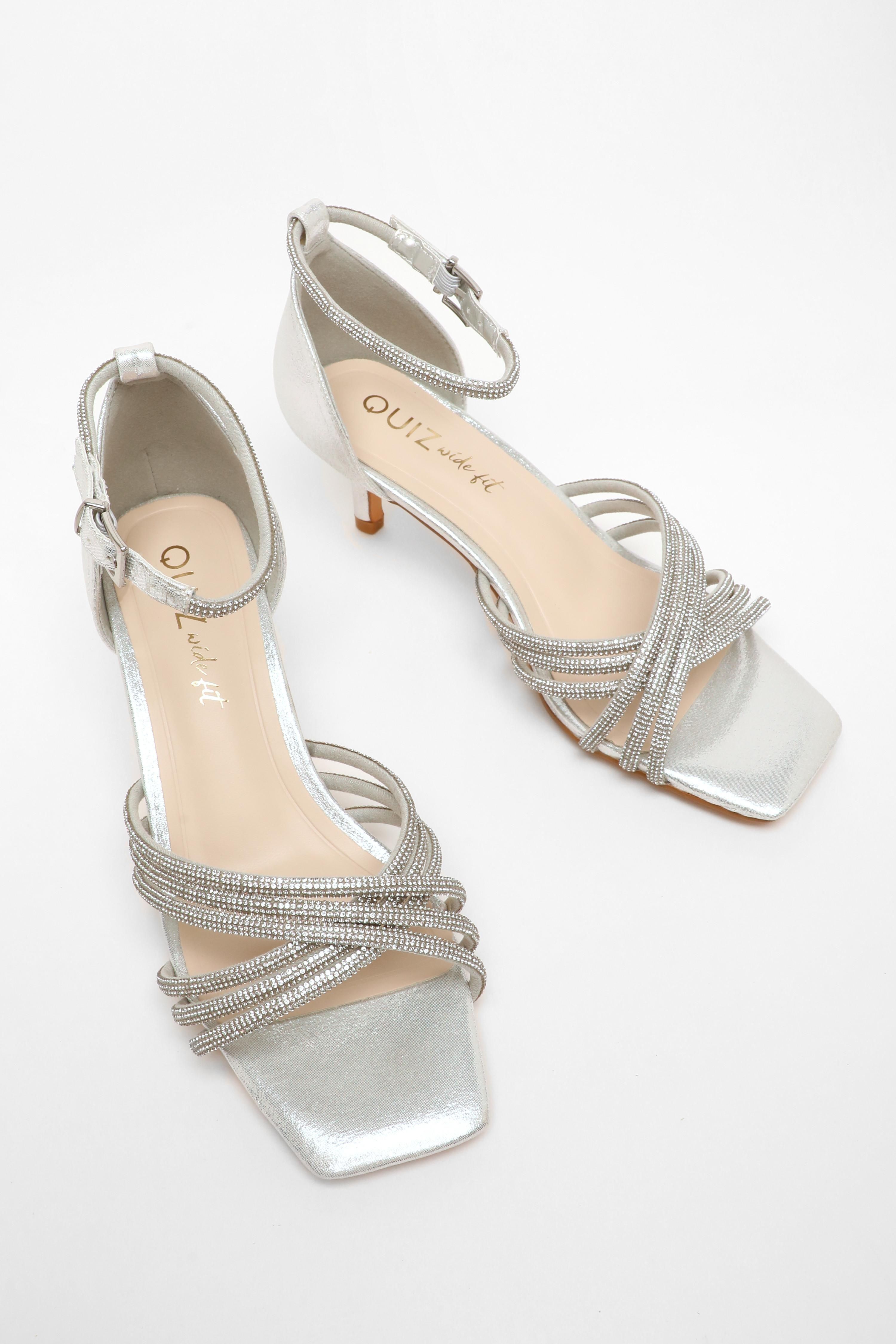 Quiz Navy Wide Fit Satin Diamante Cross Strap Low Heels