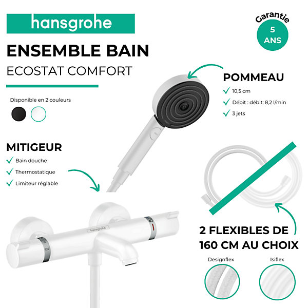 Pack mitigeur bain douche thermostatique HANSGROHE Ecostat Comfort   Flexible Designflex   Pommeau Pulsify 3jets Relaxation blanc