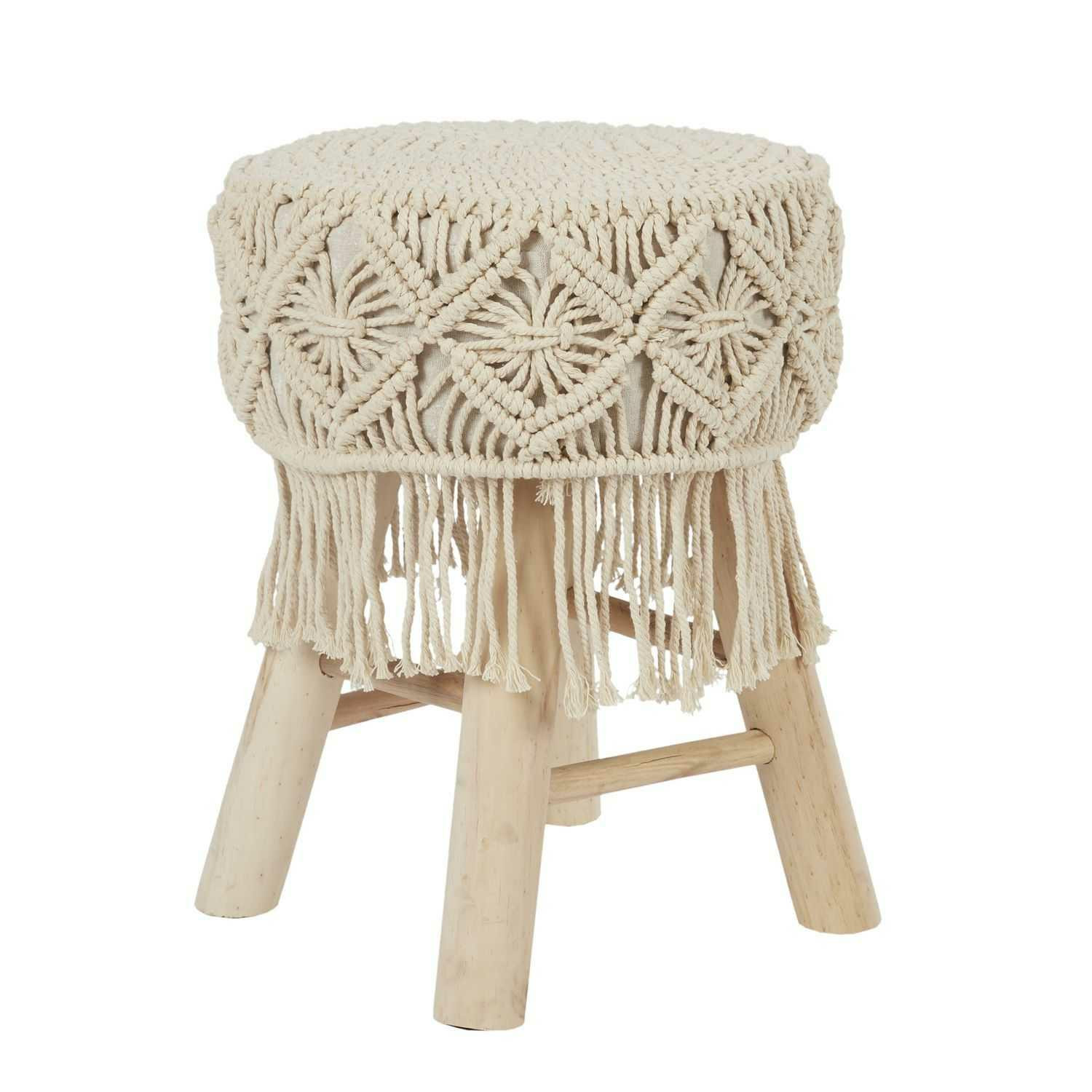 Taboret ETNO kremowy boho z makramą i frędzlami okrągły 42 cm
