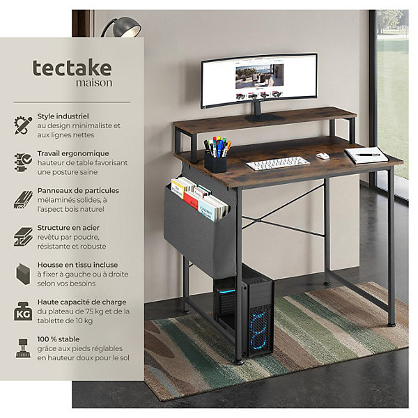 Bureau Style industriel avec Support pour écran et sac de rangement