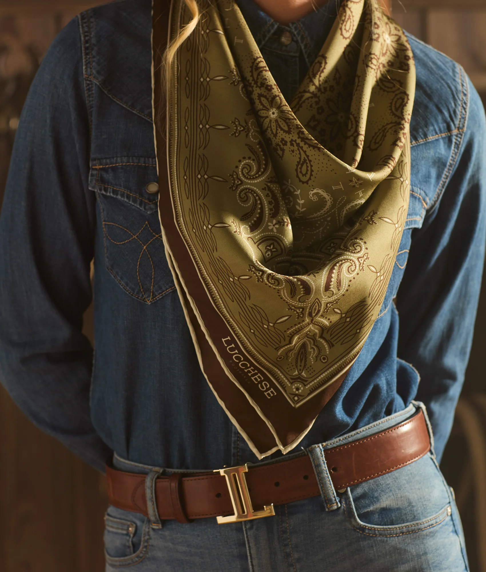 Mirrored L Silk Scarf - Olive