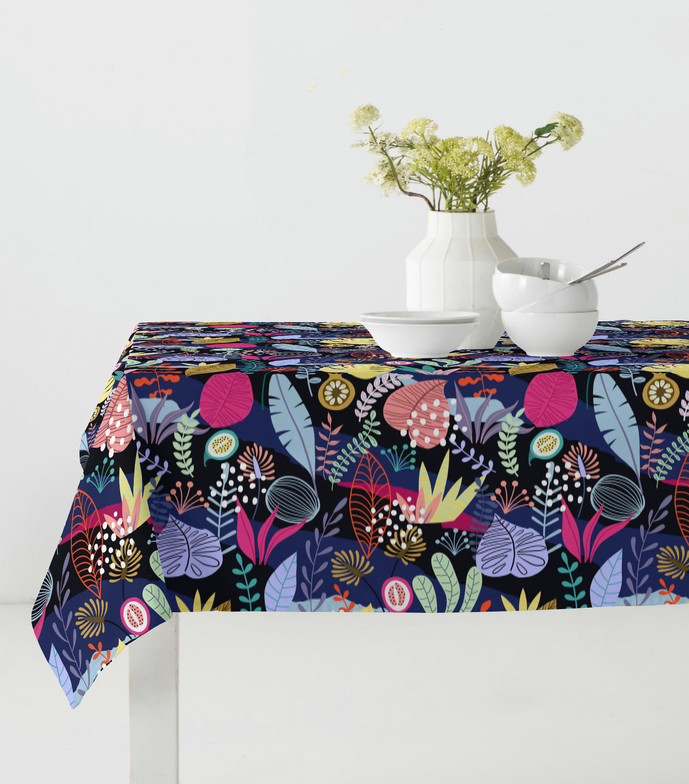 TAILANDIA MALVA - Nappe imprimée bleu avec traitement anti-taches en coton 140x300 cm