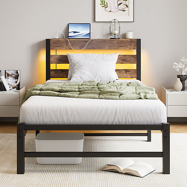 Lit Simple 90x200 cm, Lit Métal Ado avec éclairage LED et Prises USB, Rangement dessous, Sans Matelas, Métal et Bois, Noir, Brun
