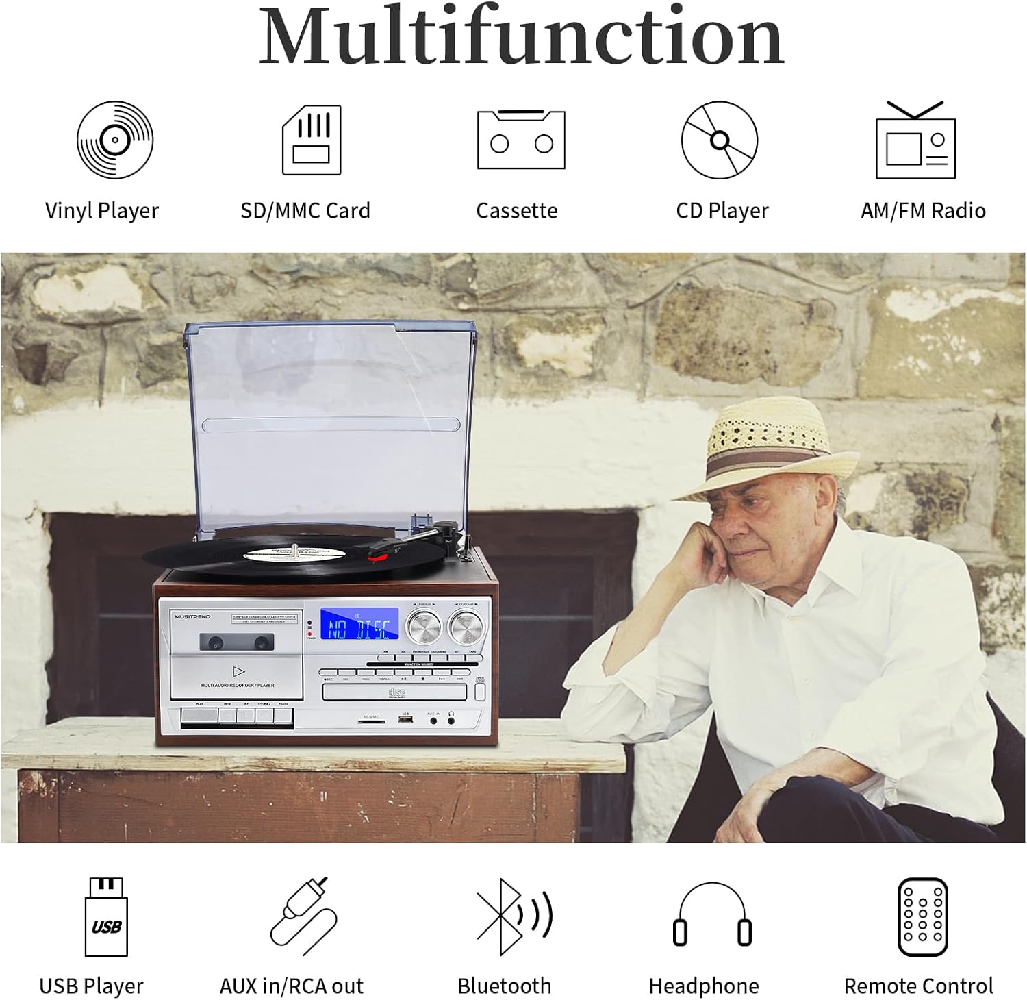 Record Player 9 in 1 3 Speed Bluetooth Vintage Turntable CD Cassette Vinyl Player AM/FM Radio USB/SD Playback Aux-in RCA Line-Out (Silver)