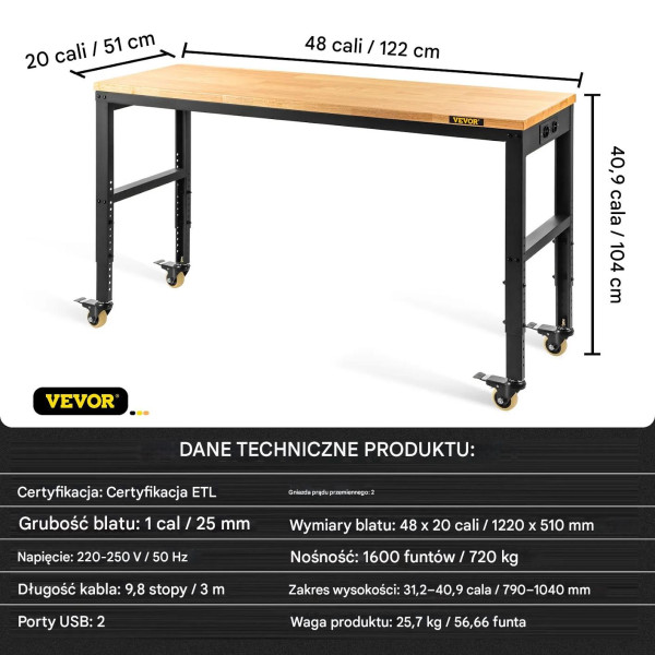 Stół roboczy warsztatowy garażowy narzędziowy 122x51x104 cm