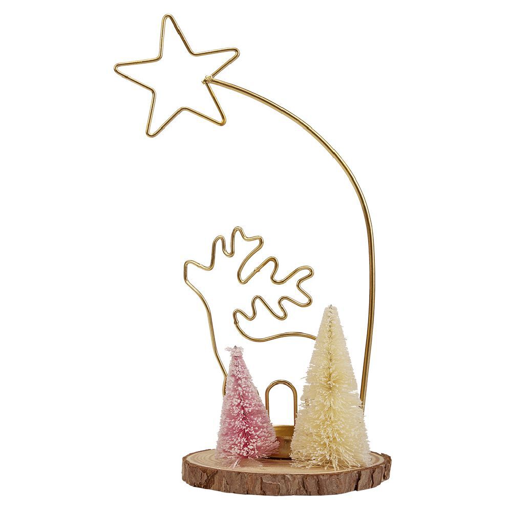Photophore déco renne doré avec sapin sur rondin de bois Ø12xH26cm