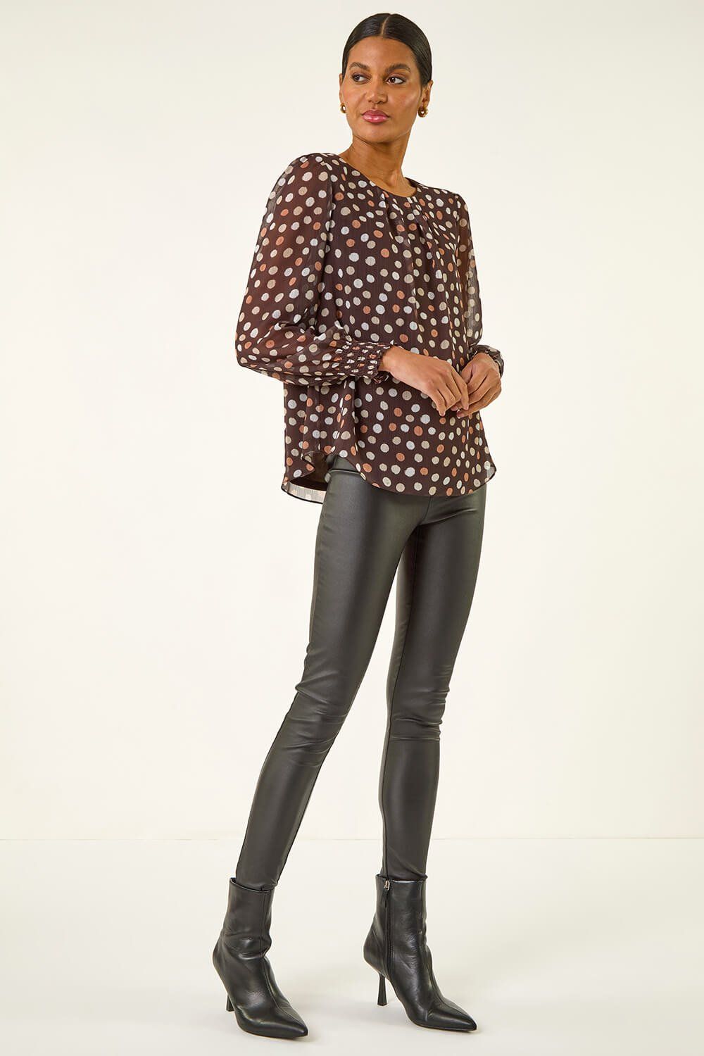 Roman Spot Print Shirred Cuff Top