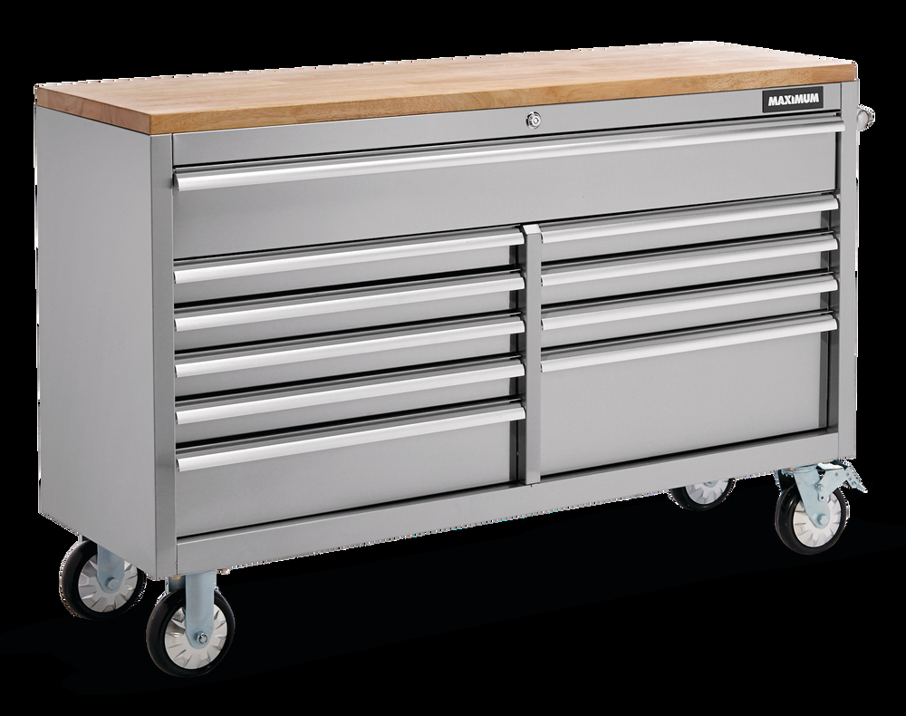 MAXIMUM Butcher Block Top Rolling Tool Storage Cabinet with 10 Drawers, Stainless Steel, 56-in
