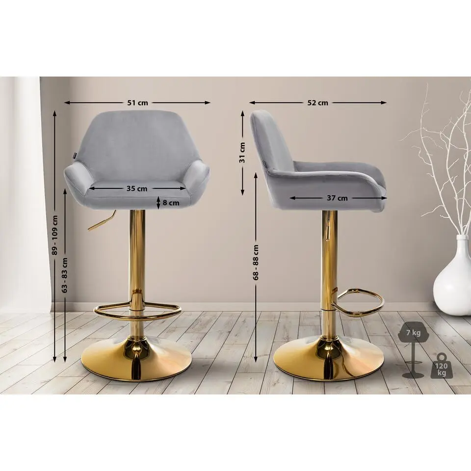 CLP Set van 2 Barkruk Braga goud Frame - Fluweel - grijs