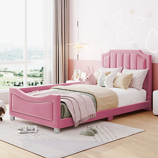Lit enfant 90x200 cm en velours rose, lit banquette multifonction avec dossier et accoudoirs, lit parent-enfant, ado