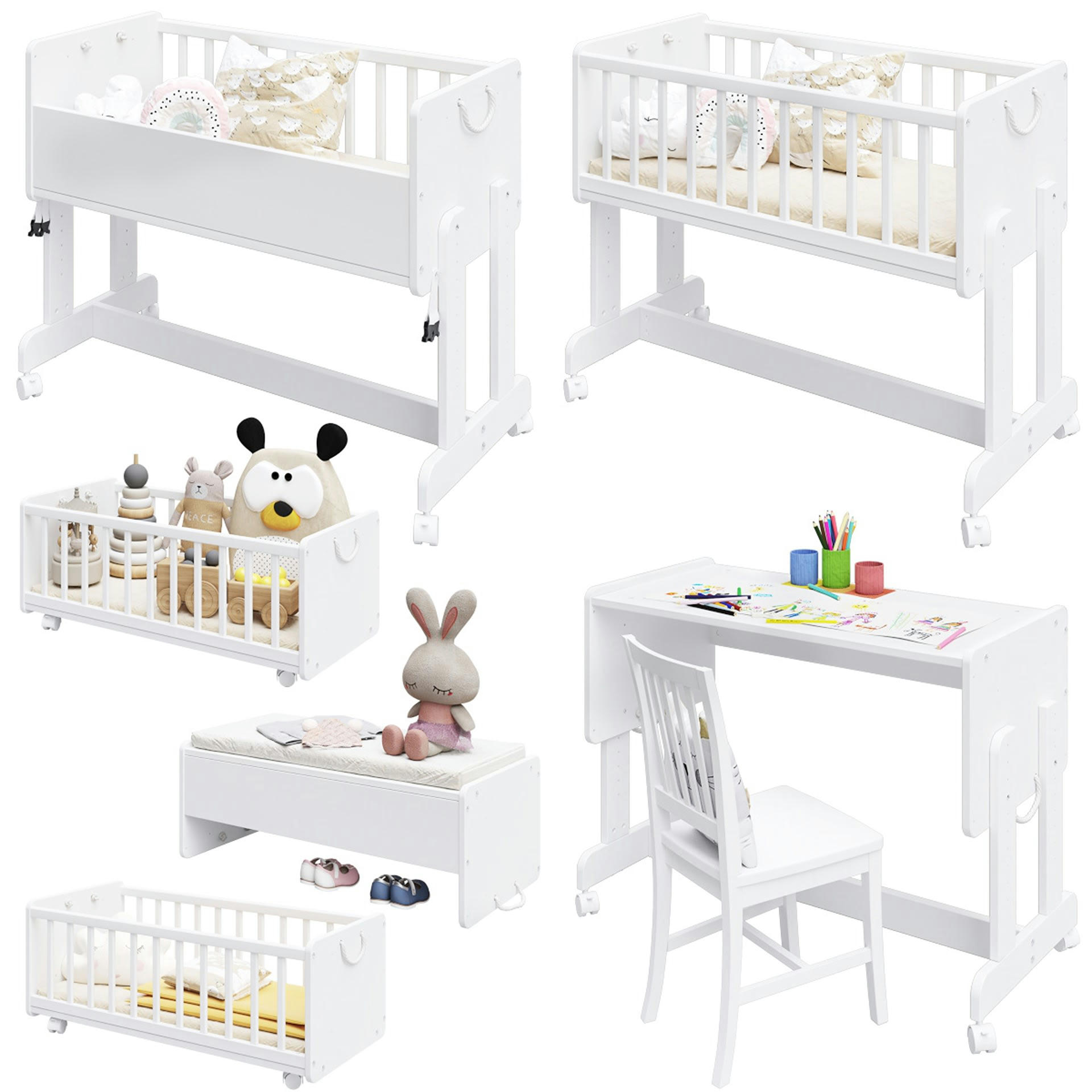 ORNELLA - Berceau Lit Cododo 5 en 1 en bois blanc 90x40cm - Matelas inclus