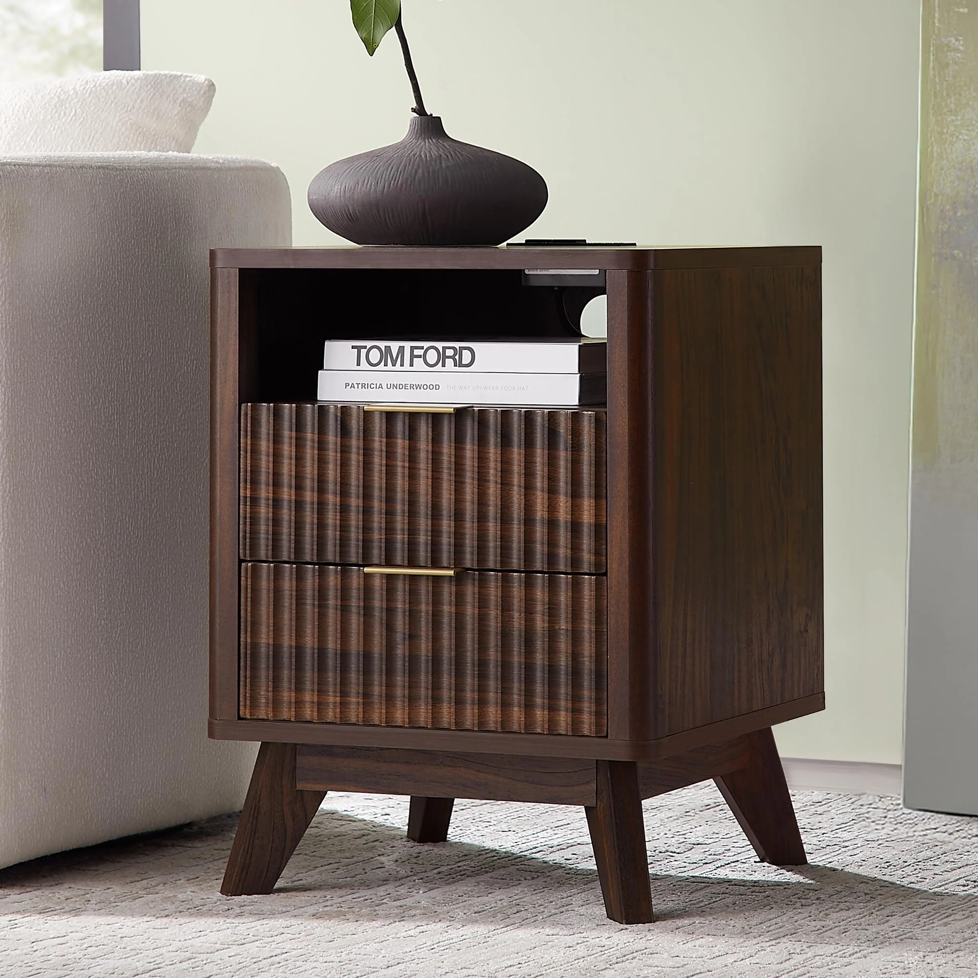 Modern Fluted Nightstand with Charging Station - 18 Bedside Table with Faux Marble Top & 2 Drawers