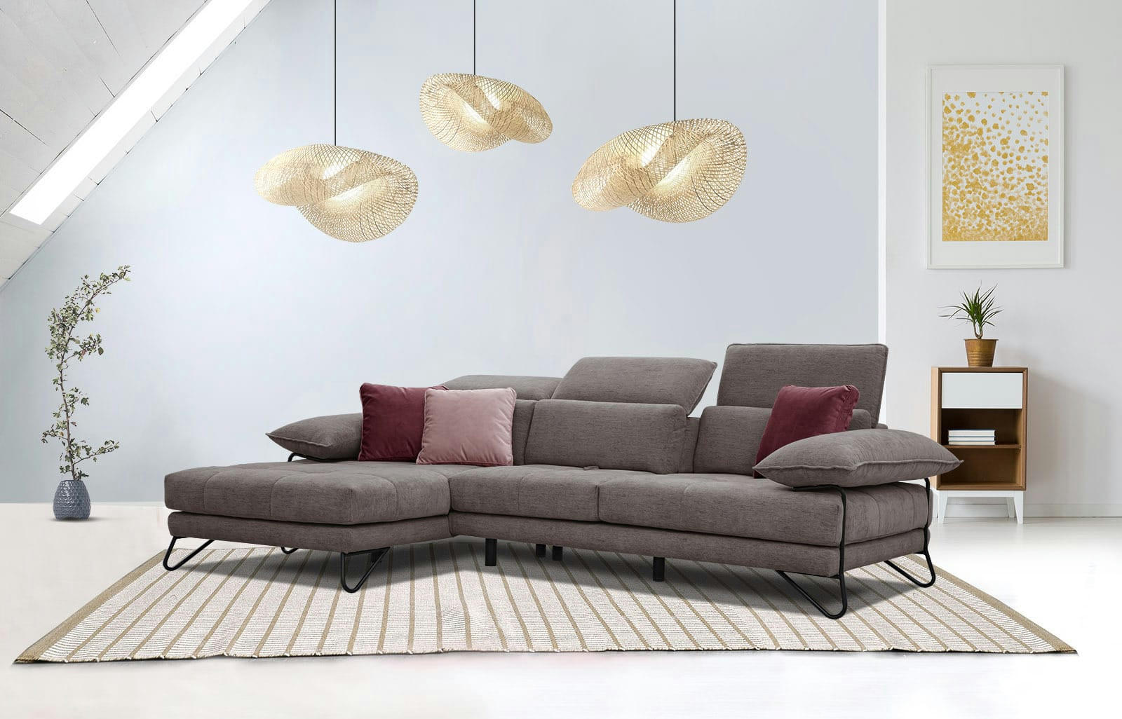 NORDEN - Canapé d'angle gauche 4 places en tissu marron avec coussins déco