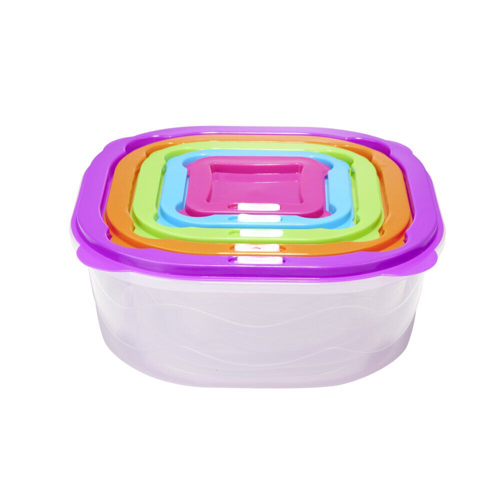 BoÎte alimentaire x5 emboÎtable plastique couvercle multicolore 25x25xH10,5cm