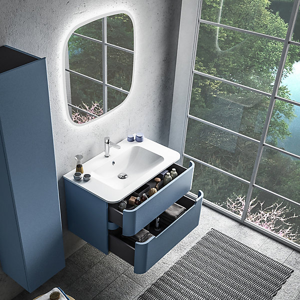Ensemble salle de bains L. 84 cm meuble sous vasque bleu mat   plan vasque blanc brillant Alba