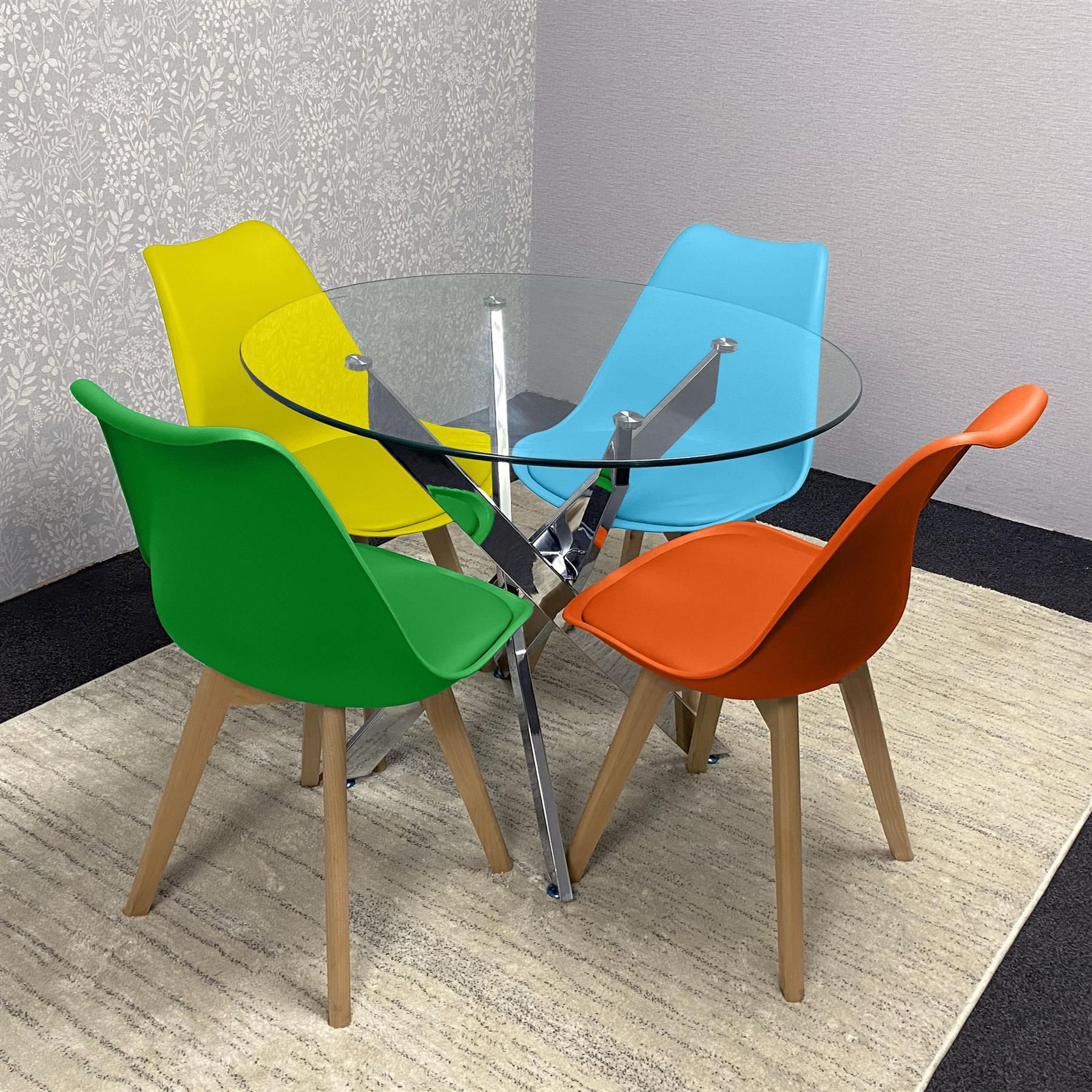 KOSY KOALA Round Glass Dining Table Set With 4 Mix Plastic Chairs Dining Room Furniture