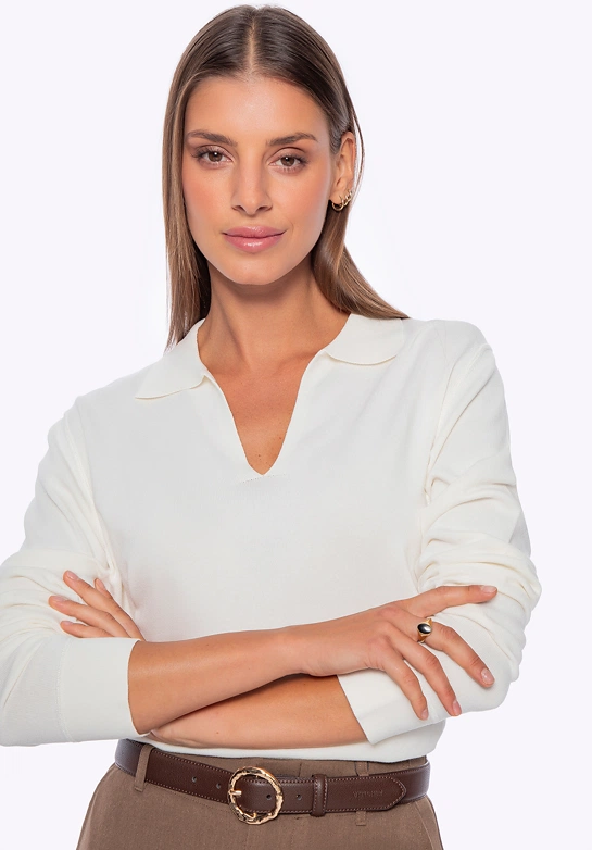 Sweter damski z dekoltem V-neck kremowy