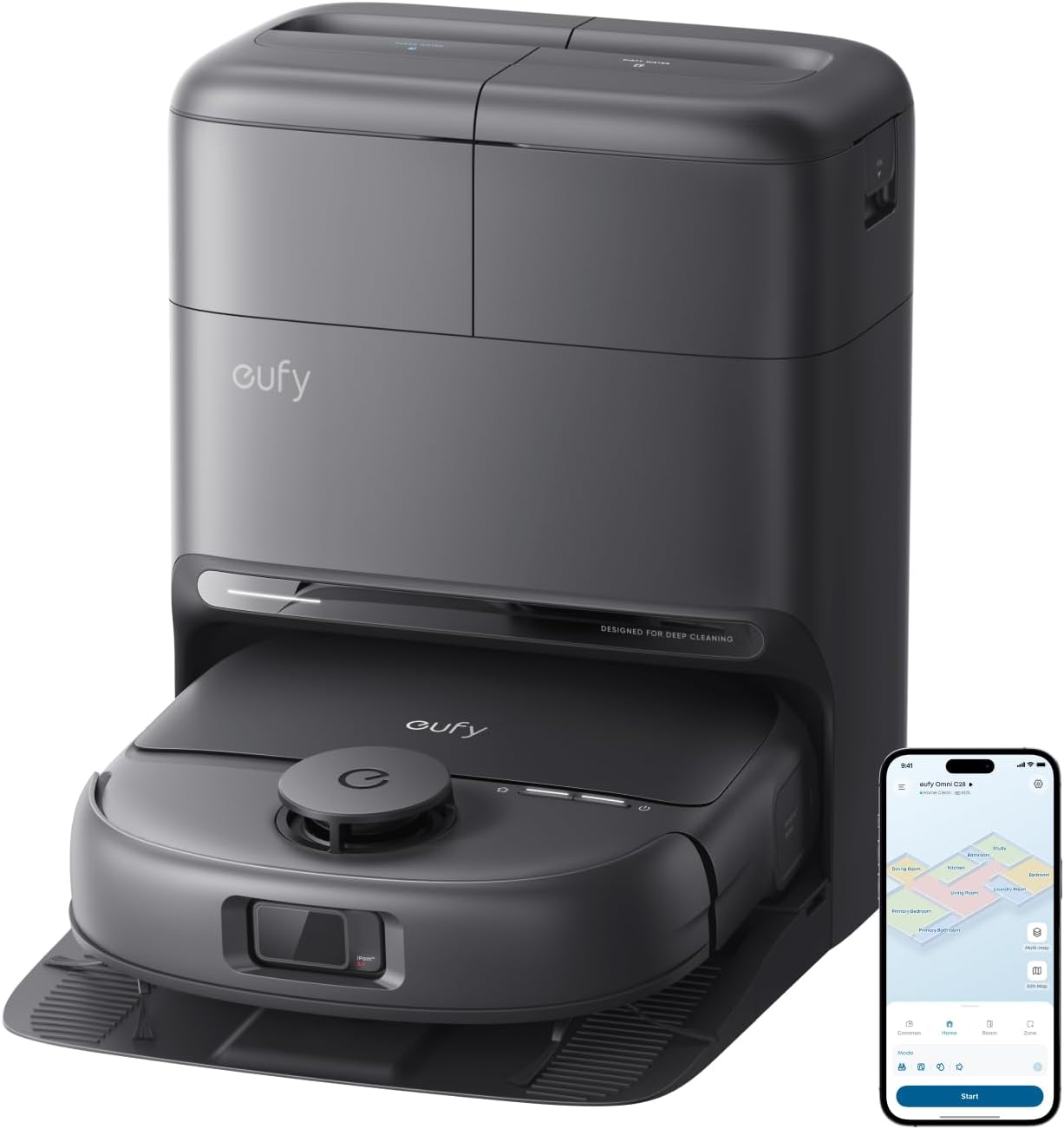 eufy Robot Vacuum C28 for Pet Hair, 15,000 Pa Suction, HydroJet™ Self-Cleaning Roller Mop, DuoSpiral Anti-Tangle Brush, All-in-One Auto-Empty Station, AI Obstacle Avoidance