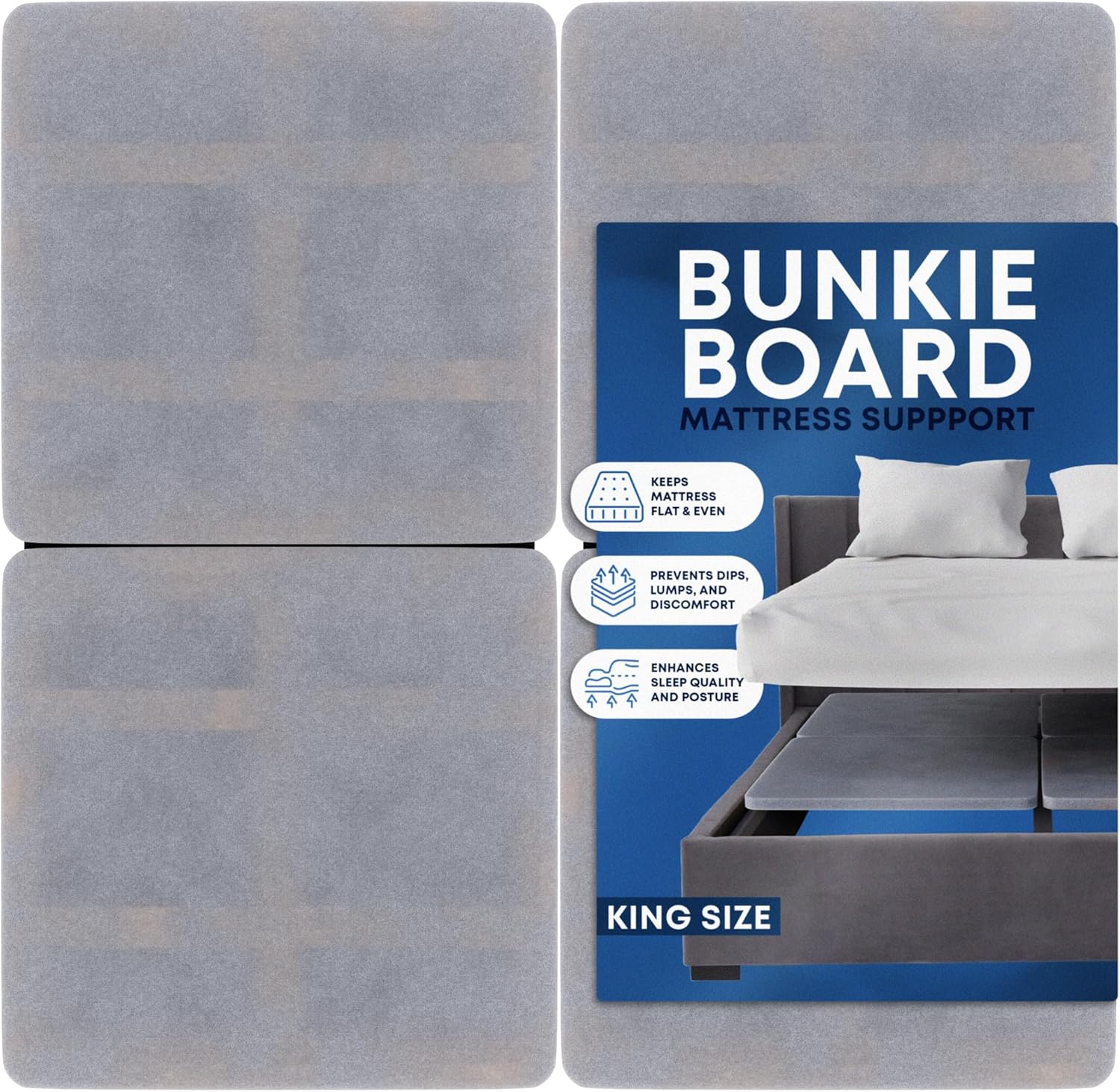 Greaton, Premium 38mm Split Wood Bunkie Board for King Size Bed - 4-Piece Under Mattress Support Board, Fully Assembled, Fabric Ventilation Cover - Replaces Wooden Slats or Box Spring for Bed Frames