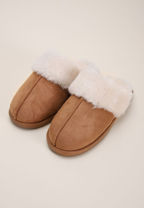 Womens Tan Fluffy Premium Mule Slippers