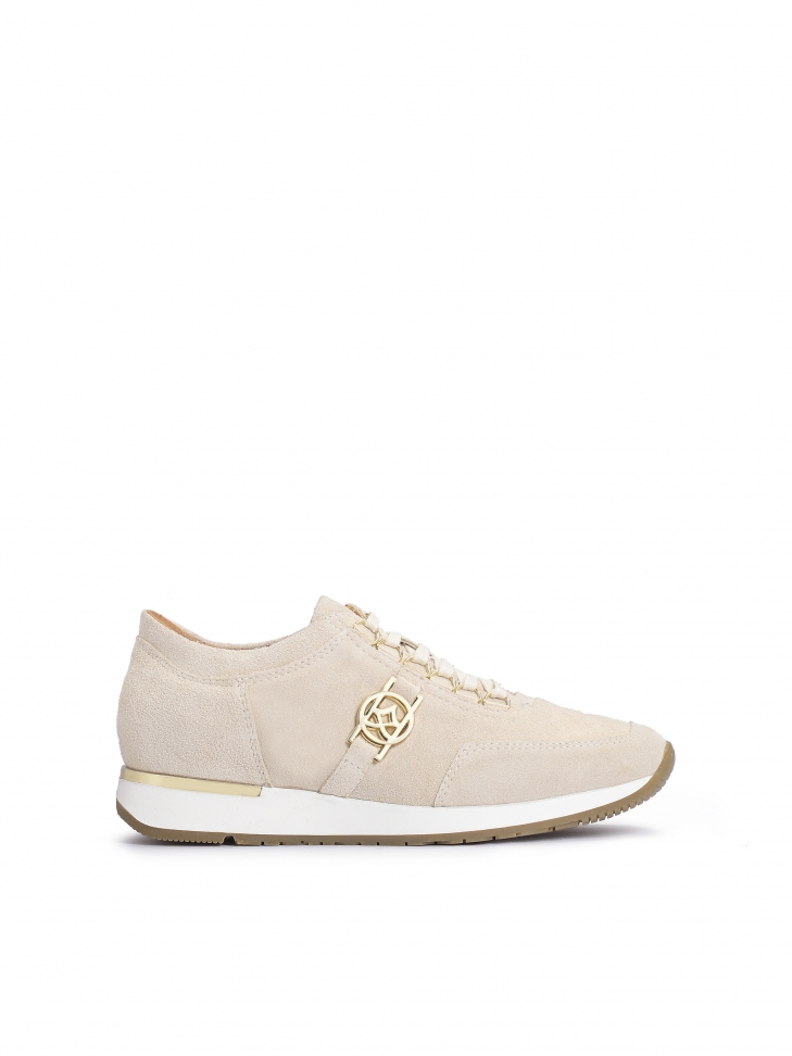Ladies' beige suede sneakers decorated with a monogram