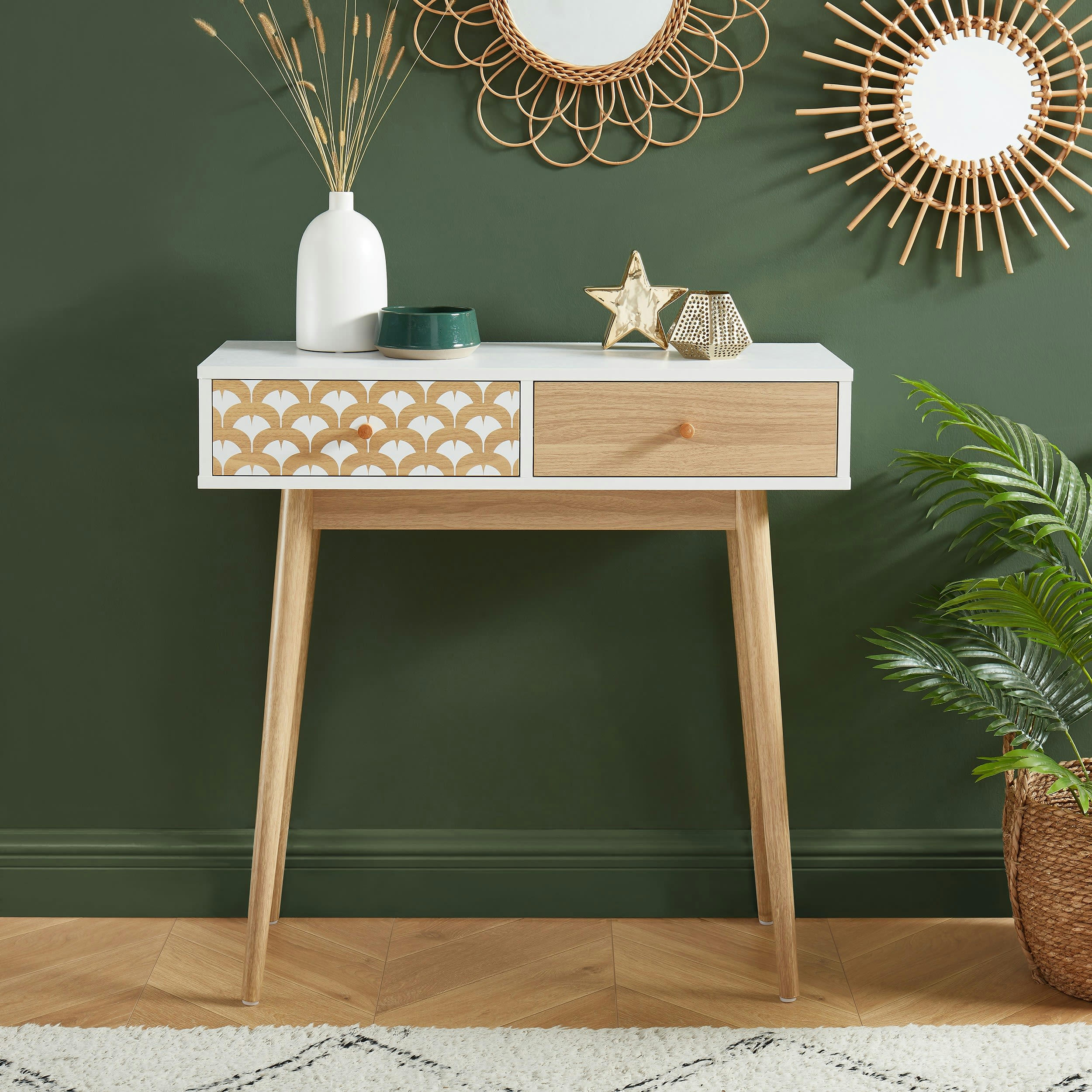 UTAH - Console   blanc et effet bois et chêne  2 tiroirs 80cm