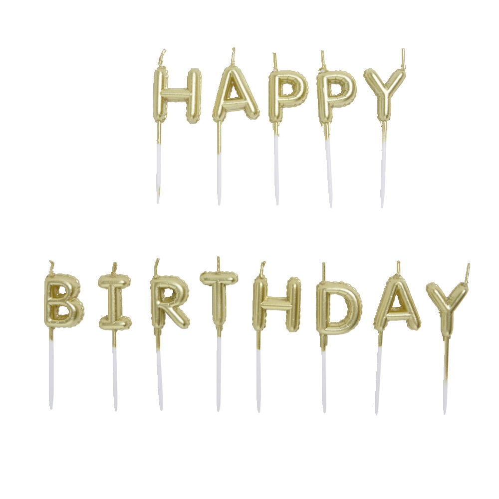 Bougies anniversaire lettres Happy Birthday dorées H7cm