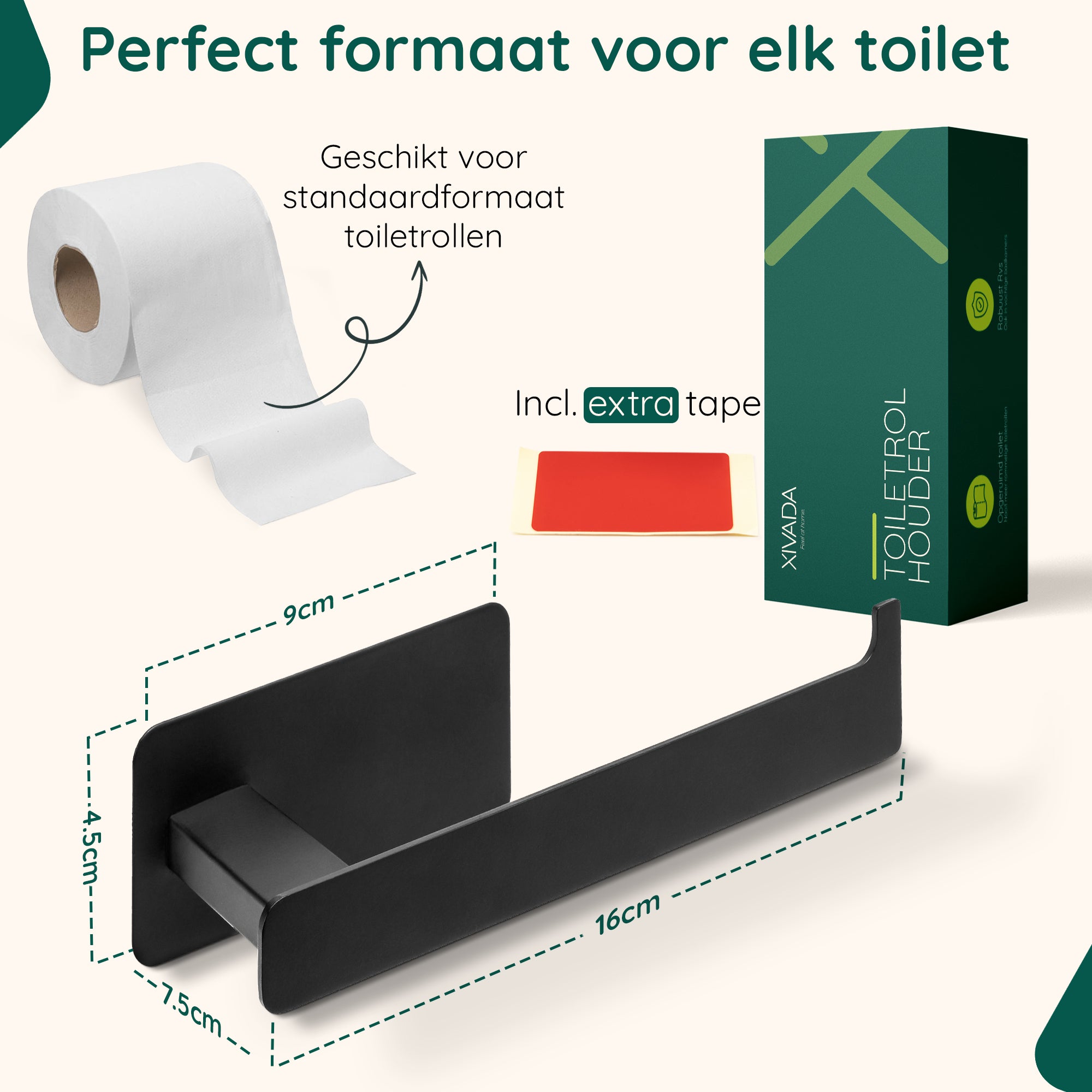 XIVADA WC rolhouder Nova - Zelfklevend - RVS - Plakstrip - Zwart