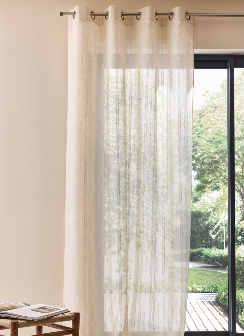 VOILAGE EFFET MOUCHETÉ ET RAYURES FINES NATUREL