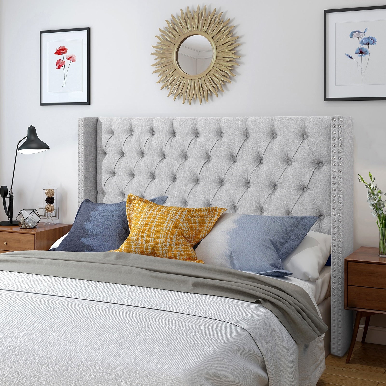 Linen Upholstered Tufted Headboard w/ Wingback and Nail Trim