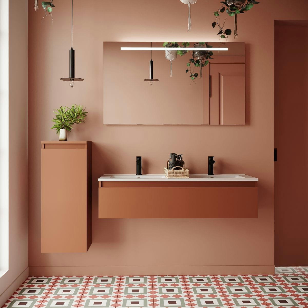 HUDSON - Meuble salle de bain double vasque 120cm 1 tiroir Terracotta