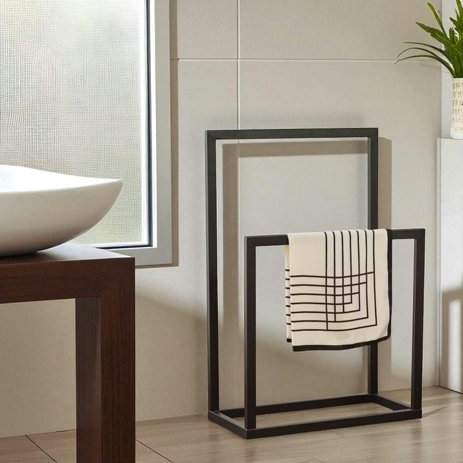 Porte-serviettes sur pied - 2 barres noires, style design SFAX