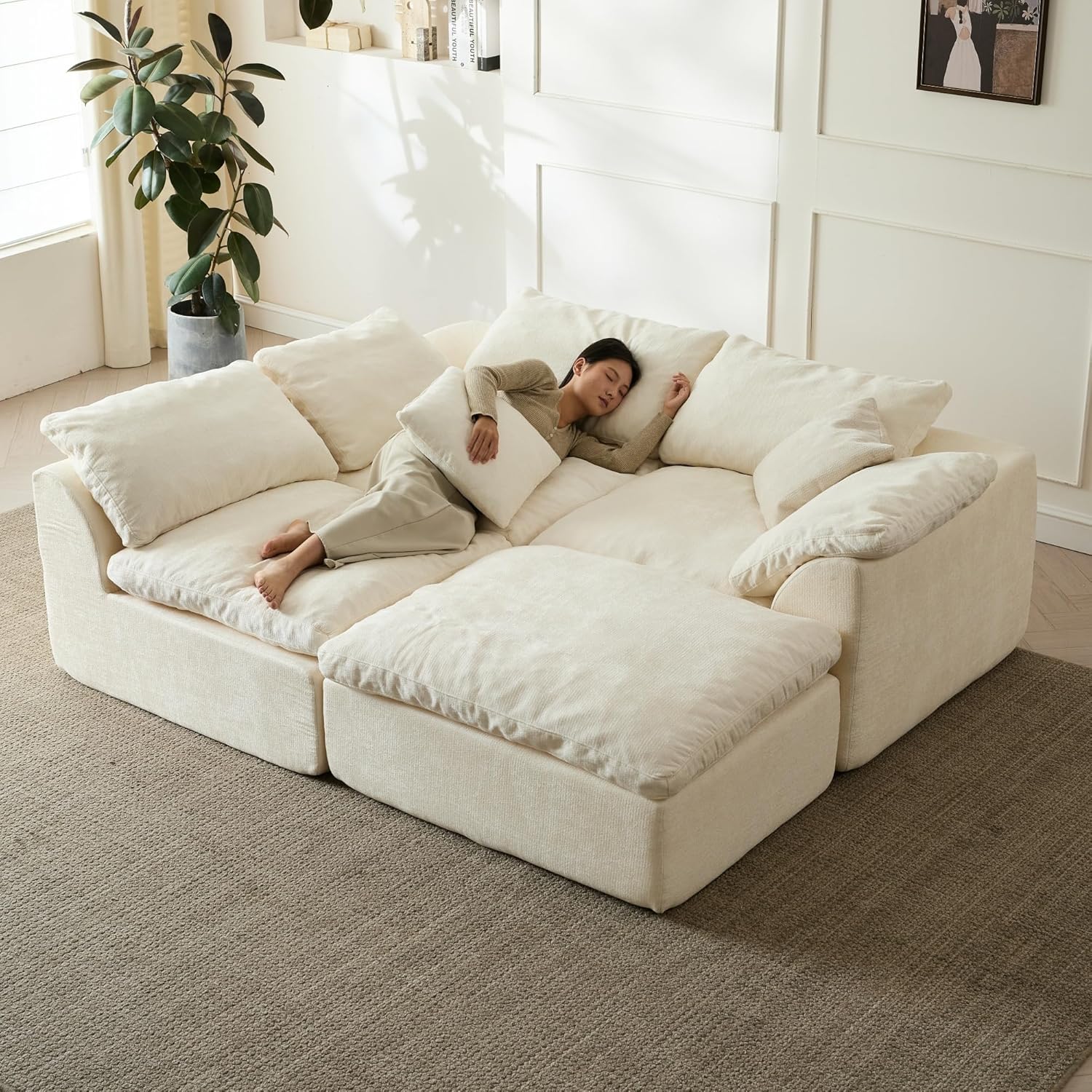 109 Modern Cloud Couches for Living Room, Deep Seat Convertible L-Shape Boneless Couch with Ottoman, Oversized Comfy 3-Seater Couch Chenille Fabric Compressed Sofa Modular Sectional Sofa,Creamy White