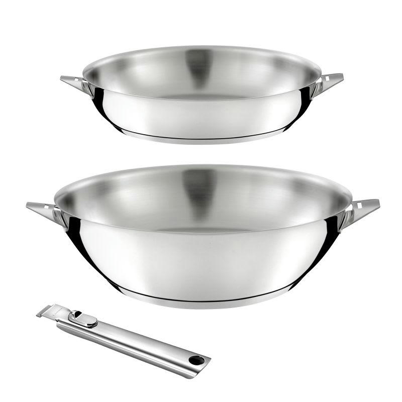 ECLIPSE - 1 wok inox 28cm, 1 poêle inox 24cm, 1 poignée amovible en Acier Inoxy