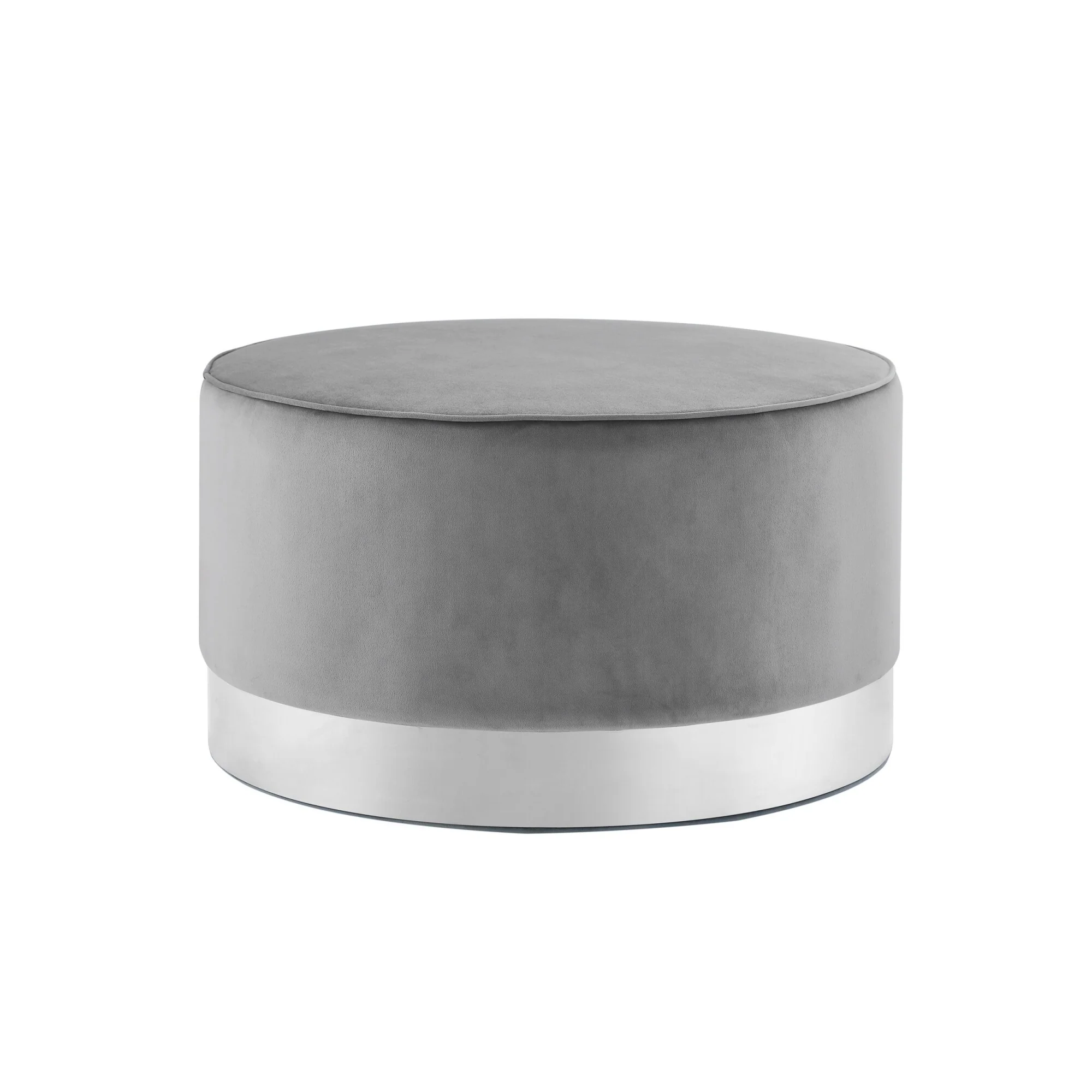 31 Gray Velvet and Silver Round Cocktail Ottoman