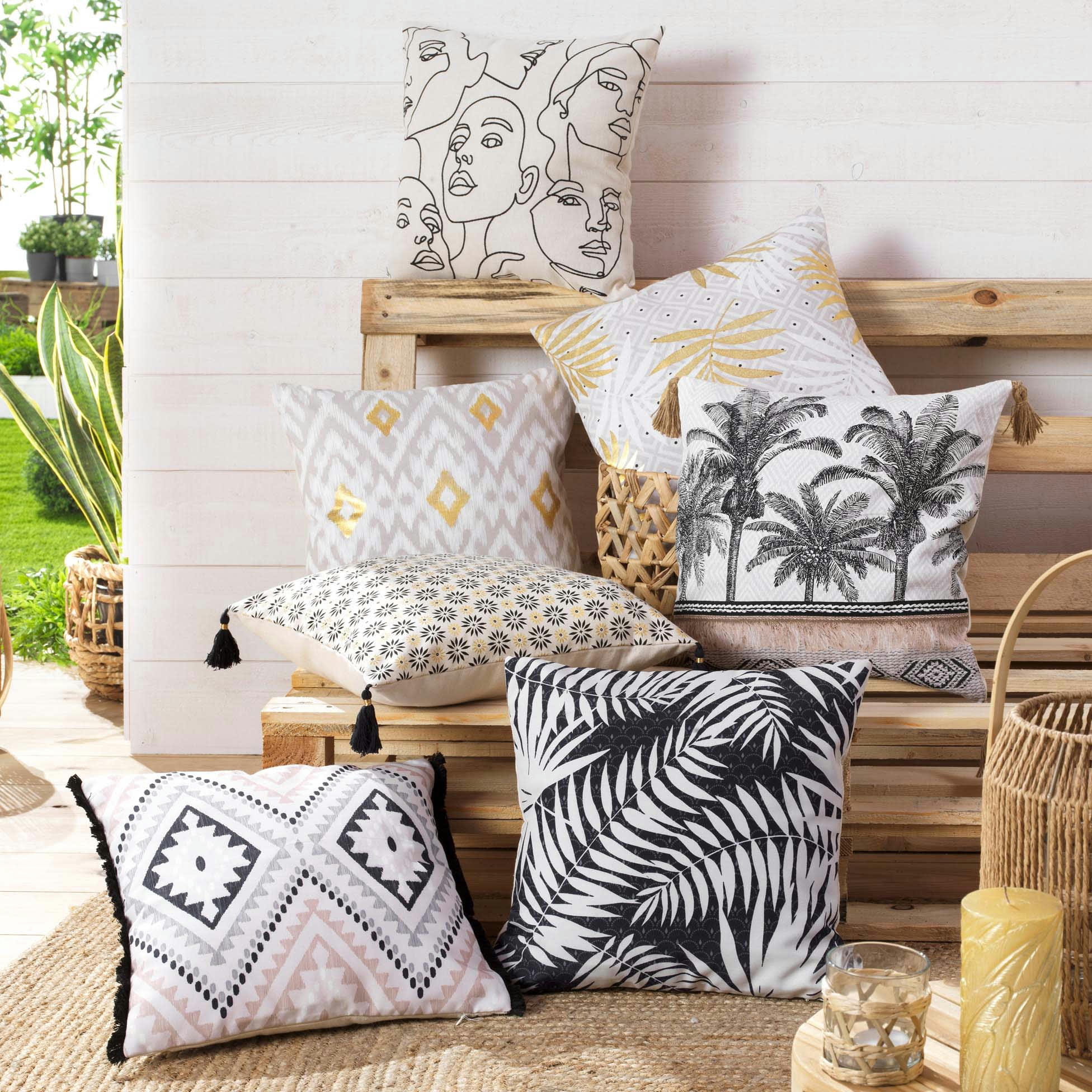 MILLEFEUILLES - Housse de coussin imprimée polyester noir blanc 40x40cm