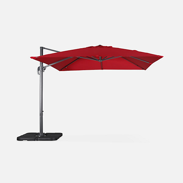 Parasol déporté carré rouge 3x3m structure grise   Lot de 4 dalles à lester 50x50cm