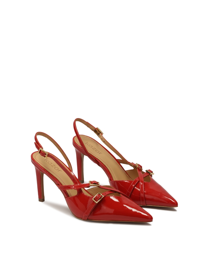 Patent leather red slingback pumps