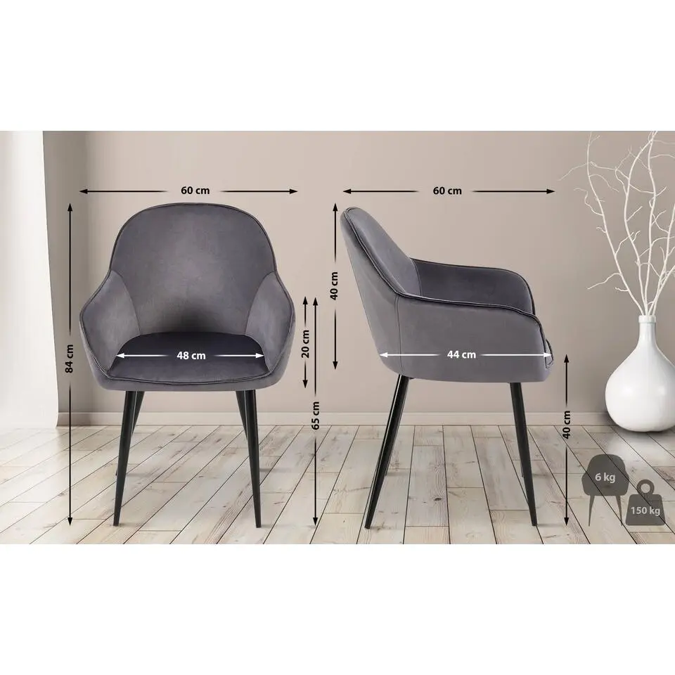 CLP Eetkamerstoel Boise mat zwart Frame - Fluweel - donkergrijs