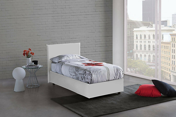 Lit simple Dbartol, Lit coffre avec revêtement en similcuir, Ouverture frontale, avec matelas 90x200 cm inclus, Blanc
