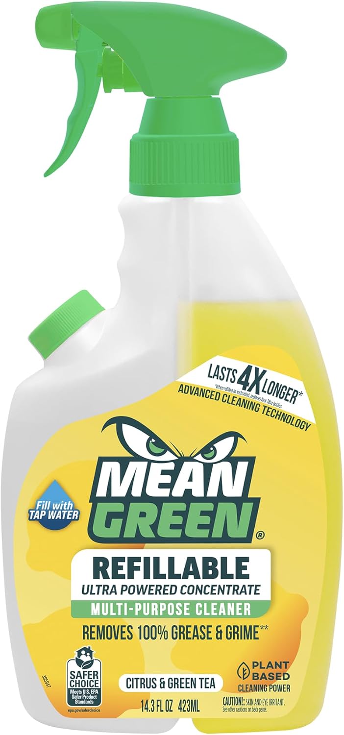 Mean Green Refillable Ultra Powered Multi-Purpose Cleaner Concentrate, Citrus & Green Tea, 14.3 fl oz – Plant & Mineral Based, Cuts Through Grease & Grime, Refillable Bottle Makes 4X Refills